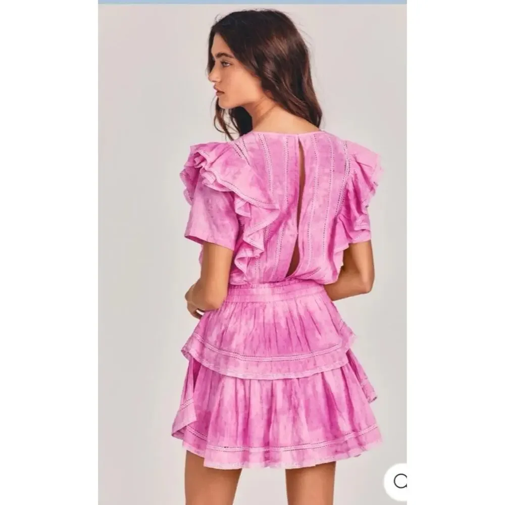 LoveShackFancy Natasha Dress Pink Ruffle Mini Cottagecore Romantic Size L - Picture 13 of 13